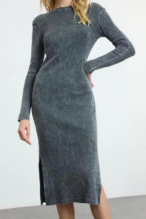 Moda Stil Slim Dik Yaka Maxi Boy Düz Yıkamalı Soluk Efektli Sıfır Kol Esnek Örme Elbise