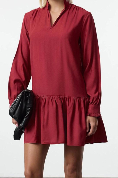 Moda Stil Regular V Yaka Mini Boy Shift Düz Kesim Eteği Volanlı Belmando Dokuma Elbise