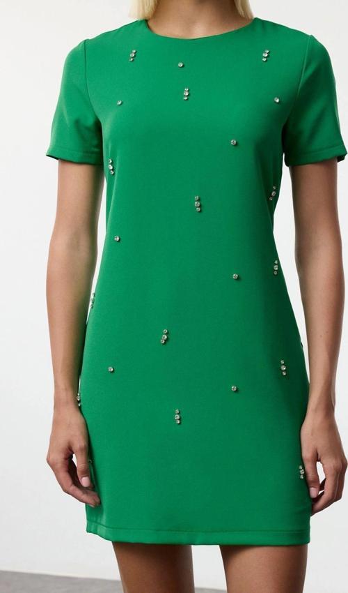 Moda Stil Regular Bisiklet Yaka Mini Boy Shift Düz Kalıp Taş İşlemeli Dokuma Elbise