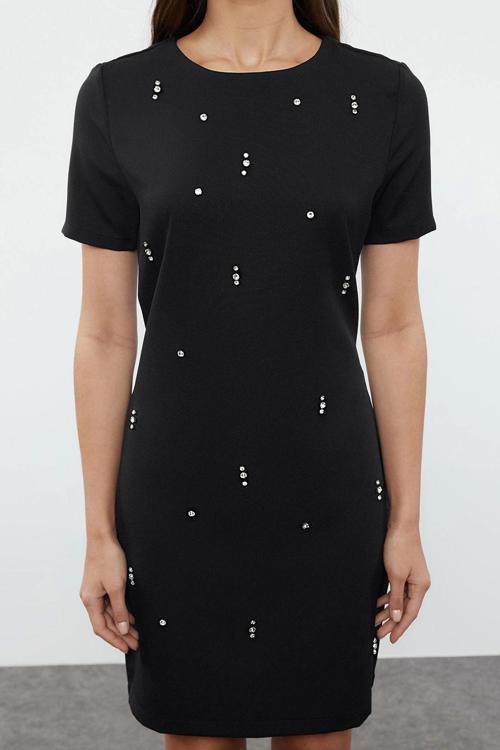 Moda Stil Regular Bisiklet Yaka Mini Boy Shift Düz Kalıp Taş İşlemeli Dokuma Elbise