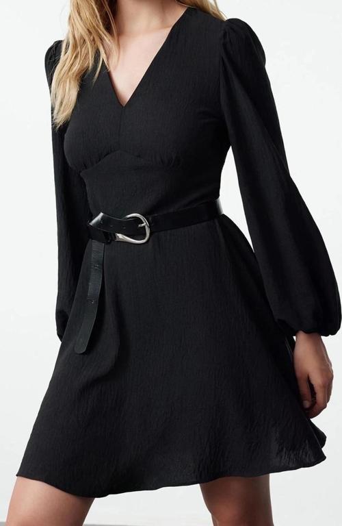 Moda Stil Regular V Yaka Mini Boy A Kesim Balon Kol Detaylı Dokuma Elbise