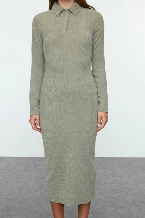 Moda Stil Fitted Polo Yaka Maxi Boy Düz Bodycone Vücuda Oturan Dokulu Düğme Detaylı Örme Elbise
