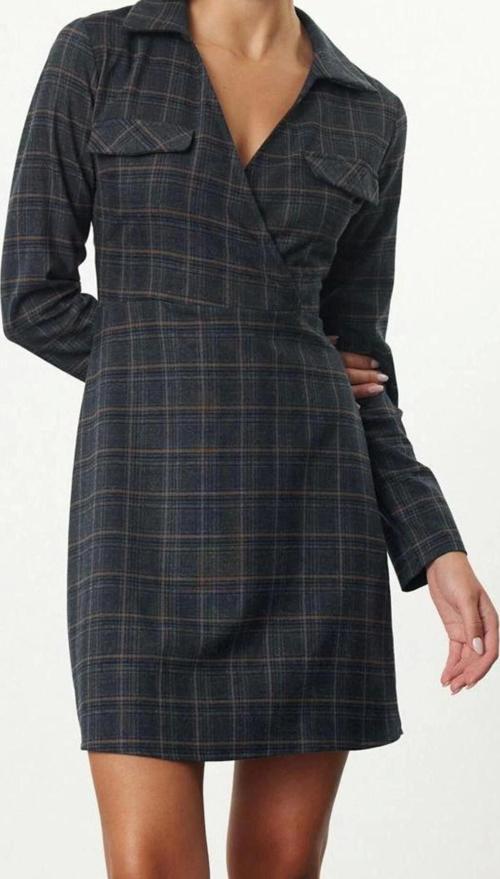 Moda Stil Regular Gömlek Yaka Mini Boy Ekose A Kesim Kruvaze Yaka Kışlık Dokuma Elbise