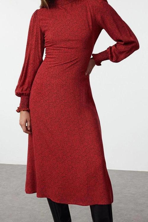Moda Stil Regular Dik Yaka Midi Boy Belden Açılan Puantiyeli Dokuma Elbise