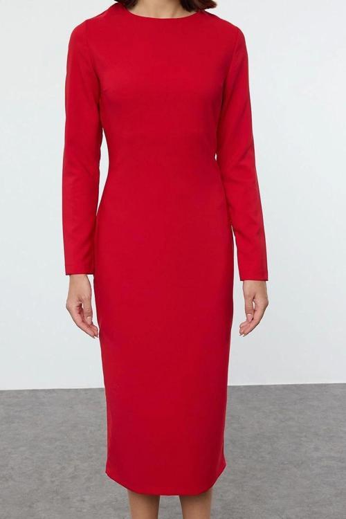 Moda Stil Regular Bisiklet Yaka Midi Boy Vücudu Saran Dokuma Elbise