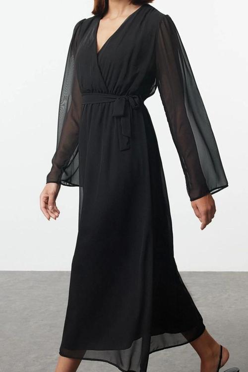 Moda Stil Regular Kruvaze Maxi Boy Kuşaklı A Kesim Yaka Astarlı Şifon Dokuma Elbise