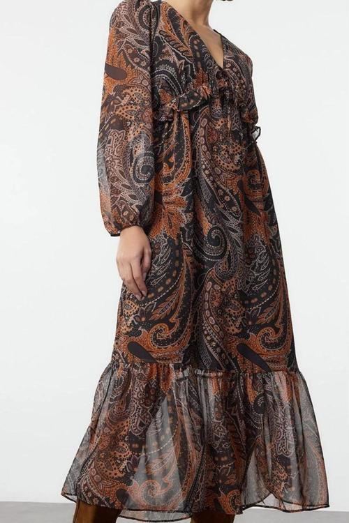 Moda Stil Regular V Yaka Midi Boy Fırfırlı Astarlı Şifon Dokuma Elbise