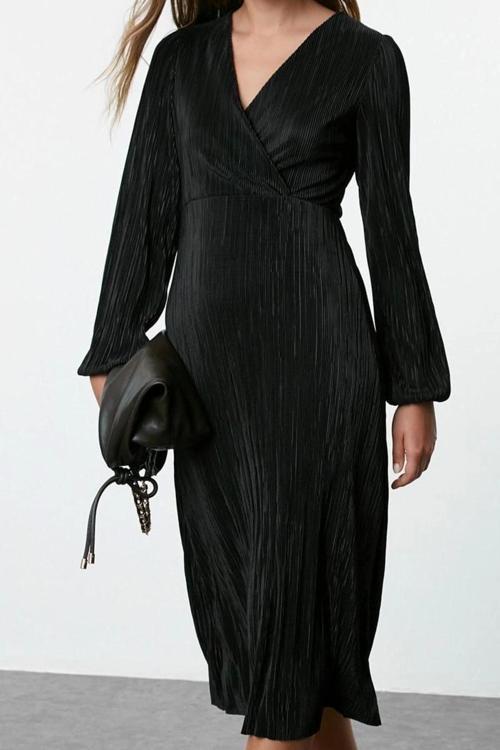 Moda Stil Regular Kruvaze Midi Boy Pilise Astarlı Anvelop Esnek Örme Elbise