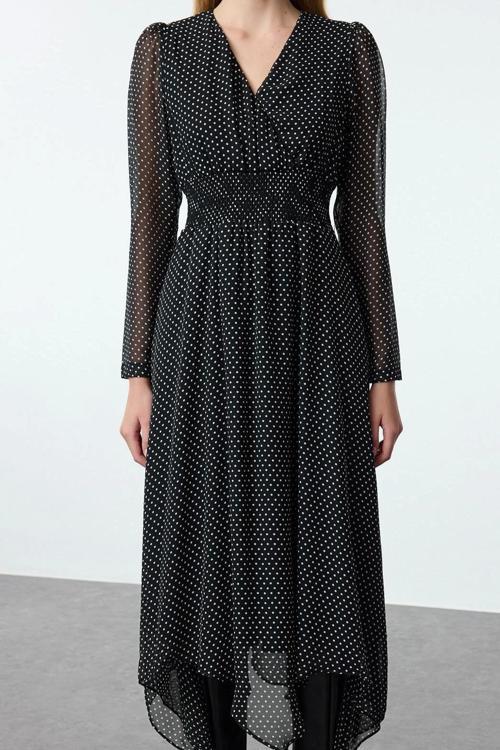 Moda Regular Kruvaze Midi Boy Puantiyeli Yaka Mendil Etek Detaylı Astarlı Şifon Dokuma Elbise