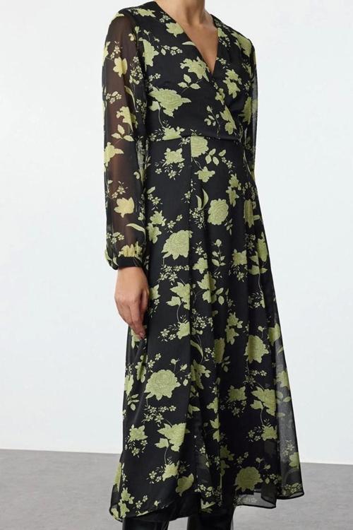 Moda Stil Regular Kruvaze Midi Boy Çiçek Desenli A Kesim Yaka Dokuma Elbise