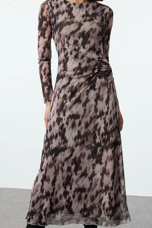 Moda Stil Regular Bisiklet Yaka Maxi Boy Baskılı Büzgü Drape Örme Elbise