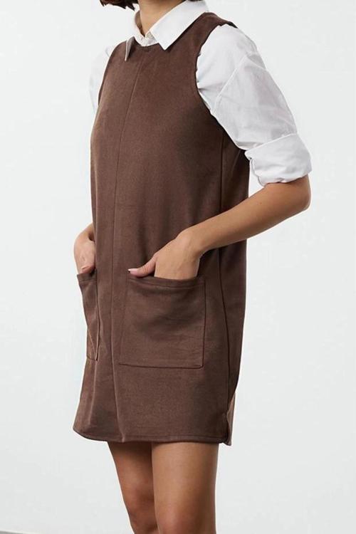 Moda Stil Relaxed Bisiklet Yaka Mini Boy Düz Düz Cep Detaylı A line Çan Kesim Örme Elbise