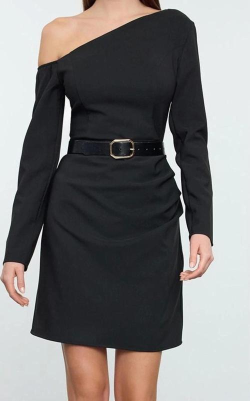 Moda Stil Regular Asimetrik Yaka Mini Boy Dokuma Elbise