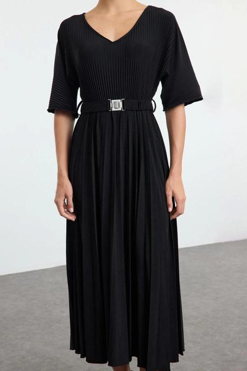 Moda Stil Regular V Yaka Maxi Boy Skater Kemerli Truvakar Kollu Esnek Örme Elbise