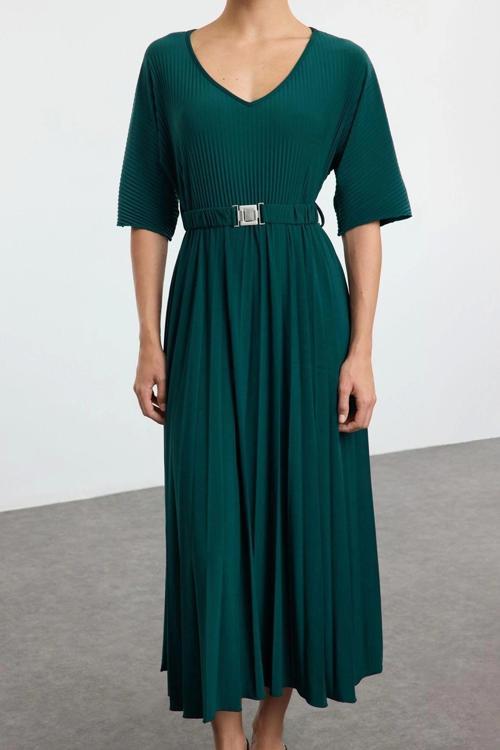 Moda Stil Regular V Yaka Maxi Boy Skater Kemerli Truvakar Kollu Esnek Örme Elbise