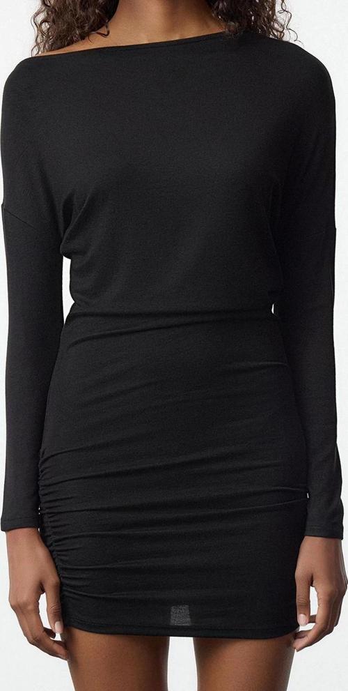 Moda Stil Slim Asimetrik Yaka Mini Boy Bodycone Vücuda Oturan Örme Elbise