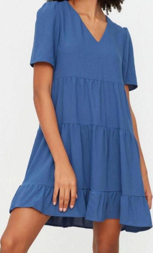 Moda Stil Regular V Yaka Mini Boy Geniş Kesim Dokuma Elbise