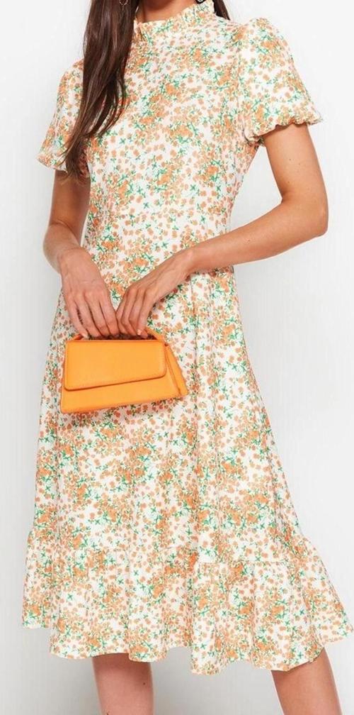 Moda Stil Regular Dik Yaka Midi Boy Çiçek Desenli A Kesim Volanlı Astarlı Dokuma Elbise