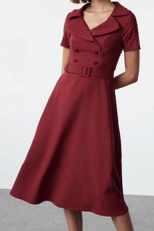 Moda Stil Regular Ceket Yaka Midi Boy Düz Dokuma Elbise