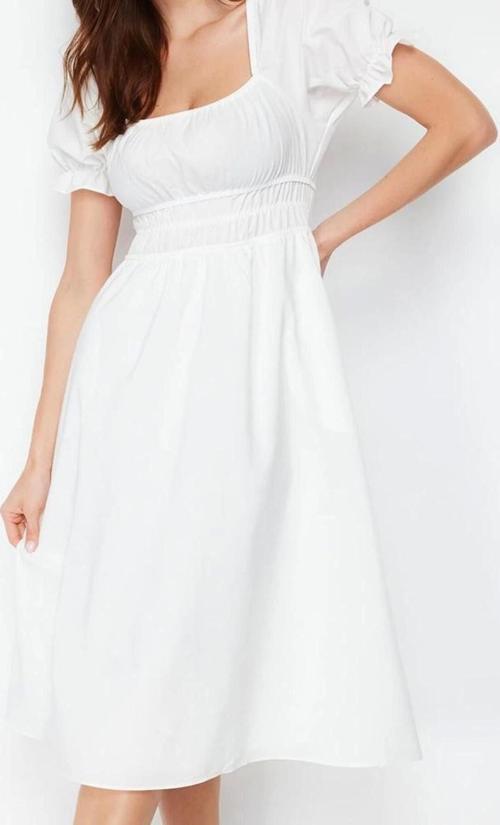 Moda Stil Regular Kare Yaka Midi Boy Skater Belden Açılan Balon Kollu Astarlı Dokuma Elbise