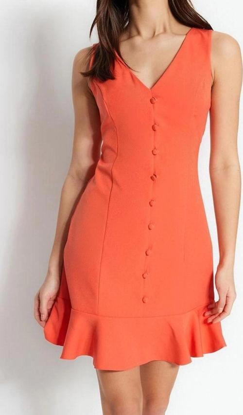 Moda Stil Regular V Yaka Mini Boy A-Kesim Volanlı Düğme Detaylı Dokuma Elbise