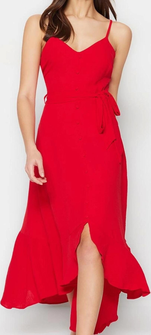 Moda Stil Regular V Yaka Midi Boy Kuşaklı A-Kesim VolanlıDüğme Detaylı Dokuma Elbise