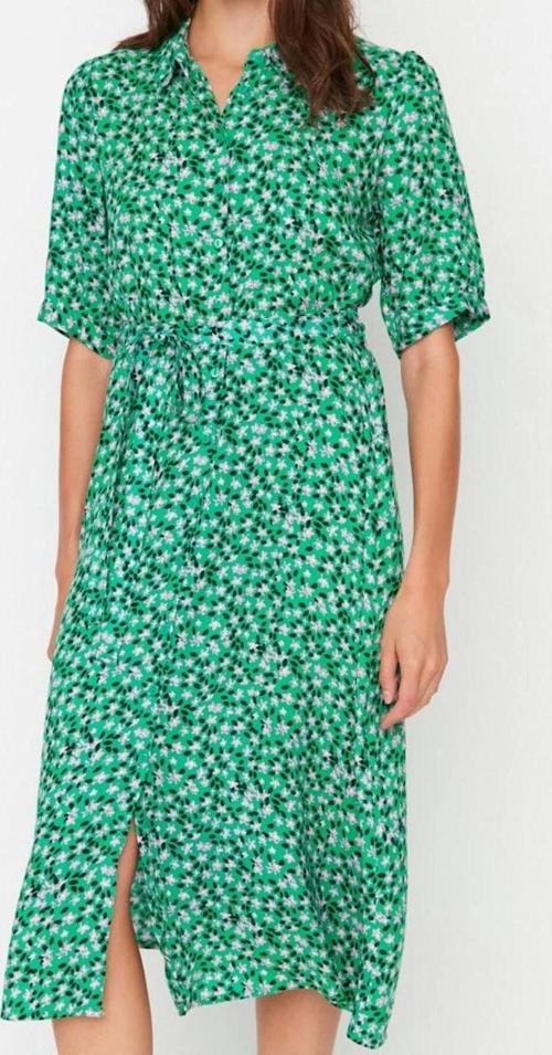 Moda Stil Regular Gömlek Yaka Midi Boy Çiçek Desenli Kuşaklı Dokuma Viskon Gömlek Elbise