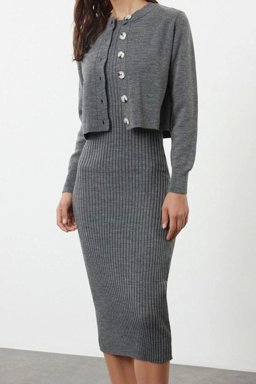Moda Stil Regular Bisiklet Yaka Midi Boy Triko Basic Hırkalı Elbise