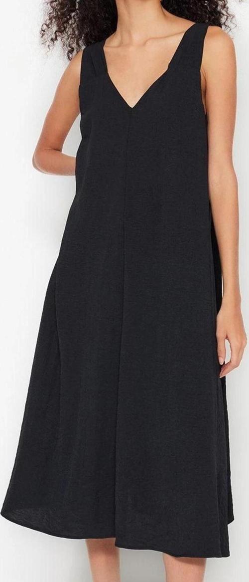 Moda Stil Relaxed V Yaka Midi Boy Rahat Kesim Dokuma Elbise