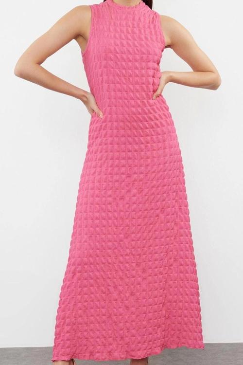 Moda Stil Regular Bisiklet Yaka Maxi Boy Düz Dokulu A Kesim Çan Form Dokulu Elbise