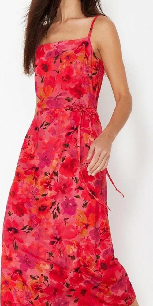 Moda Stil Regular Kare Yaka Midi Boy Puantiyeli A Kesim Dokuma Elbise