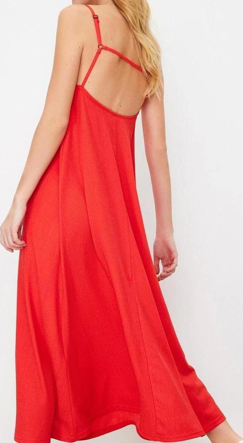Moda Stil Relaxed Kare Yaka Maxi Boy Baskılı Ayarlanabilir Askılı A-Line Bürümcük Dokulu Örme Elbise
