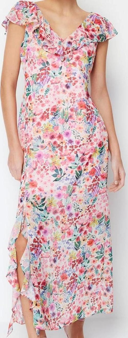 Moda Stil Regular V Yaka Maxi Boy Çiçekli Fırfırlı Şifon Astarlı Dokuma Elbise