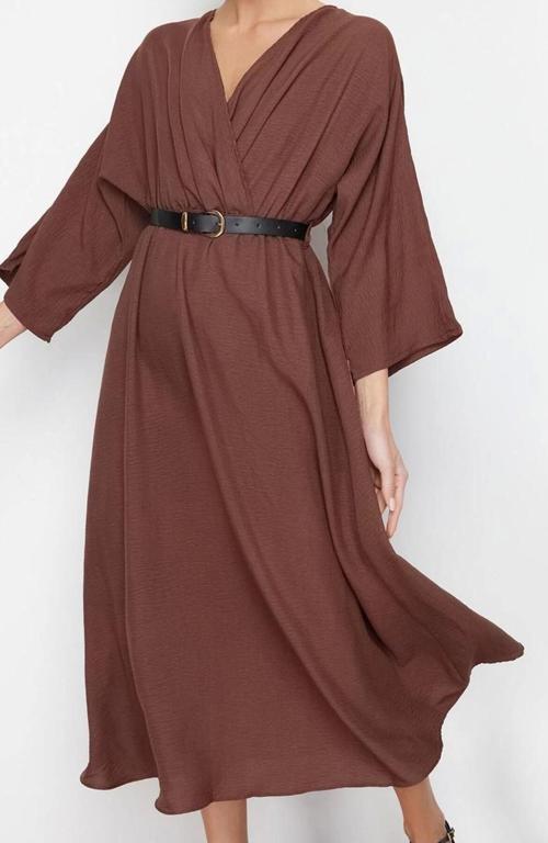 Moda Stil Regular Kruvaze Midi Boy Düz Elbise