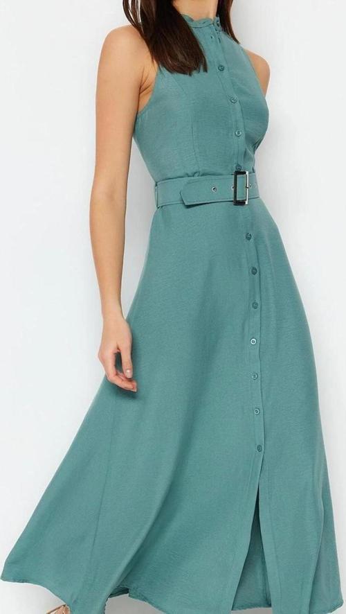 Moda Stil Regular Halter Yaka Maxi Boy Kemerli Dokuma Gömlek Elbise