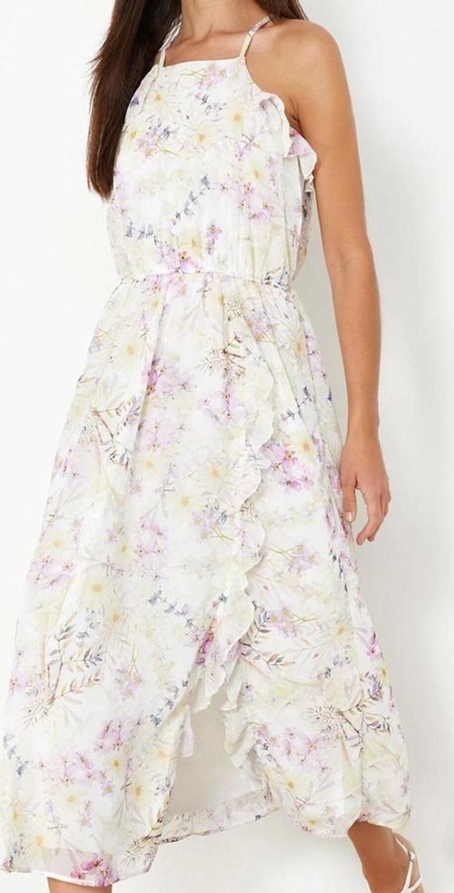 Moda Regular Halter Yaka Maxi Boy Çiçek Desenli A Kesim Fırfır Detaylı Şifon astarlı Dokuma Elbise