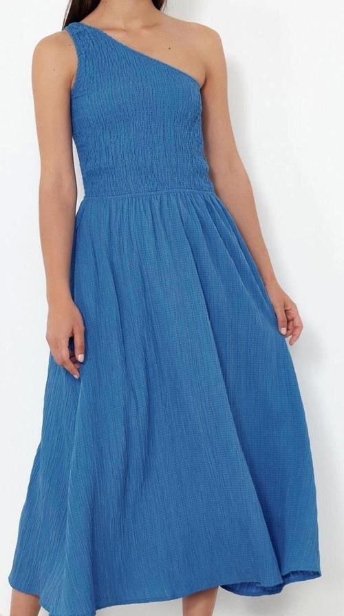 Moda Stil Regular Asimetrik Yaka Midi Boy Belden Açılan Üst Bedeni Gipeli Tek Omuz Dokuma Elbise
