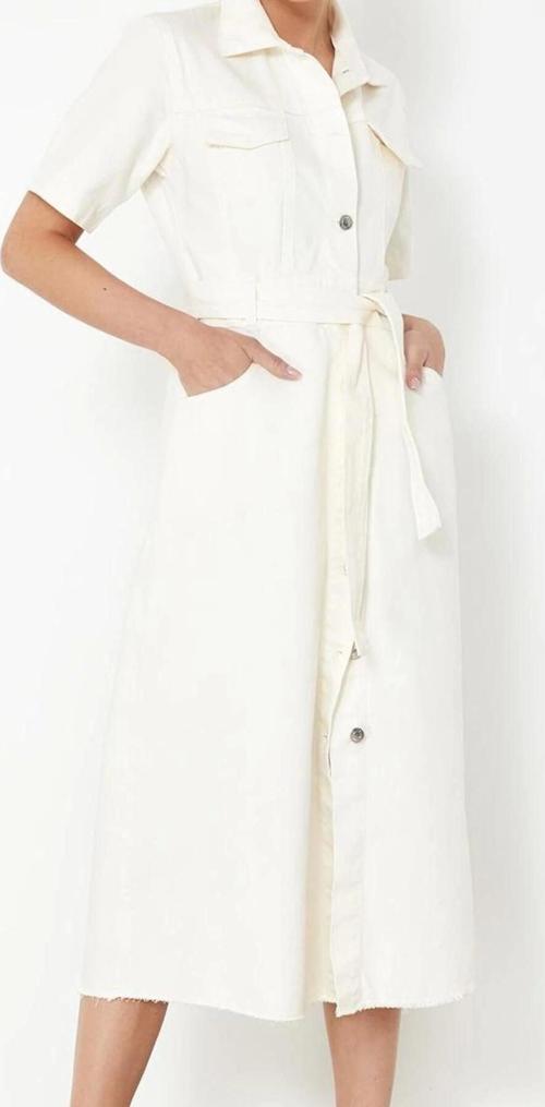 Moda Stil Denim Gömlek Yaka Maxi Boy Kemerli Elbise