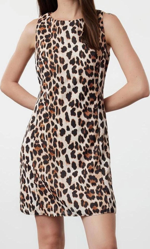 Moda Stil Regular Bisiklet Yaka Mini Boy Leopar Desenli Düz Kesim Saten Dokuma Elbise