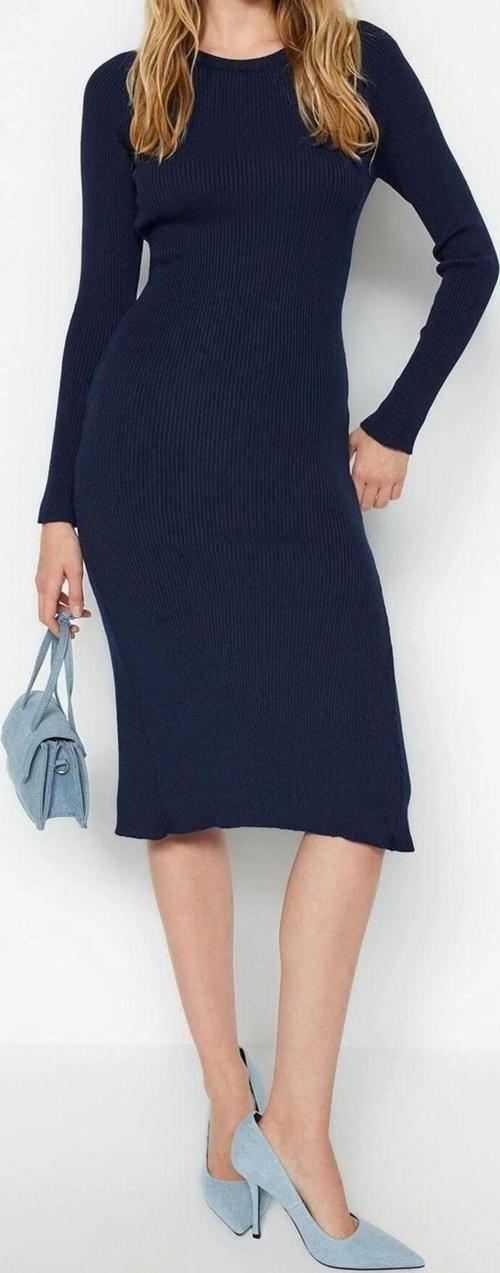 Moda Slim Casual Günlük Dolu İğne Triko Bisiklet Yaka Uzun Kol Bodycone Midi Boy Elbise