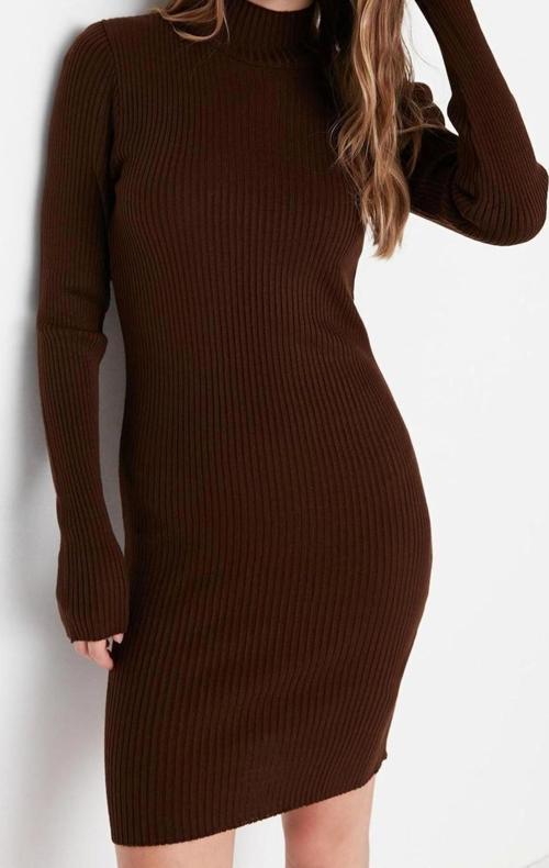 Moda Slim Casual Günlük Tek Plaka Triko Dik Yaka Uzun Kol Bodycone Mini Boy Elbise
