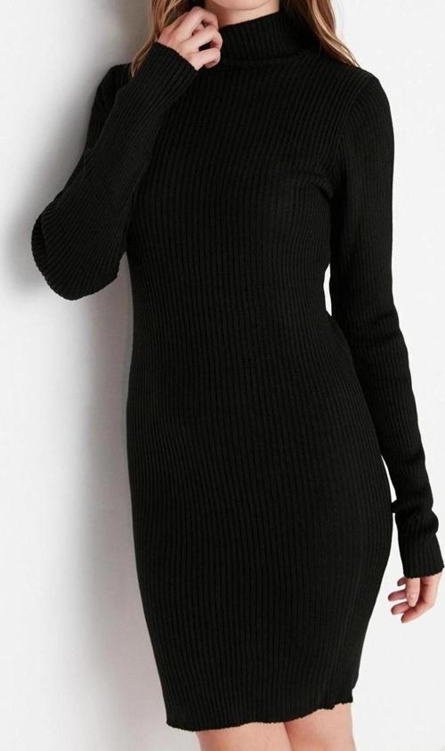 Moda Slim Casual Günlük Tek Plaka Triko Dik Yaka Uzun Kol Bodycone Mini Boy Elbise