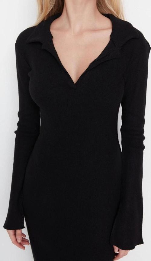 Moda Slim Casual Günlük Fırçalı Rejenere Kaşkors Örme Polo Yaka Uzun Kol Bodycone Midi Boy Elbise