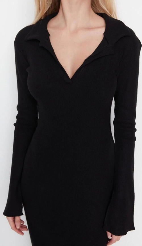 Moda Slim Casual Günlük Fırçalı Rejenere Kaşkors Örme Polo Yaka Uzun Kol Bodycone Midi Boy Elbise