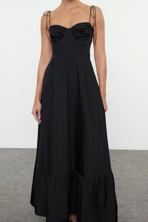 Moda Stil Regular Kalp Yaka Maxi Boy Drape Detaylı Dokuma Elbise