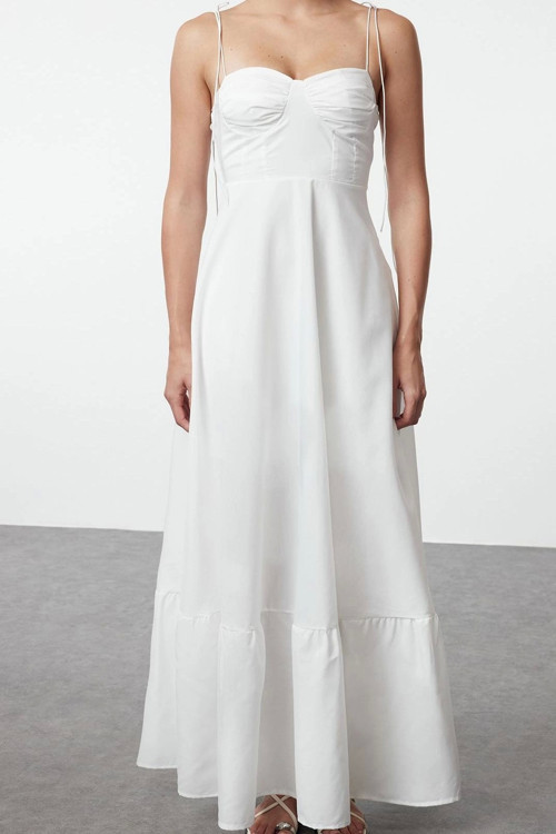 Moda Stil Regular Kalp Yaka Maxi Boy Drape Detaylı Dokuma Elbise