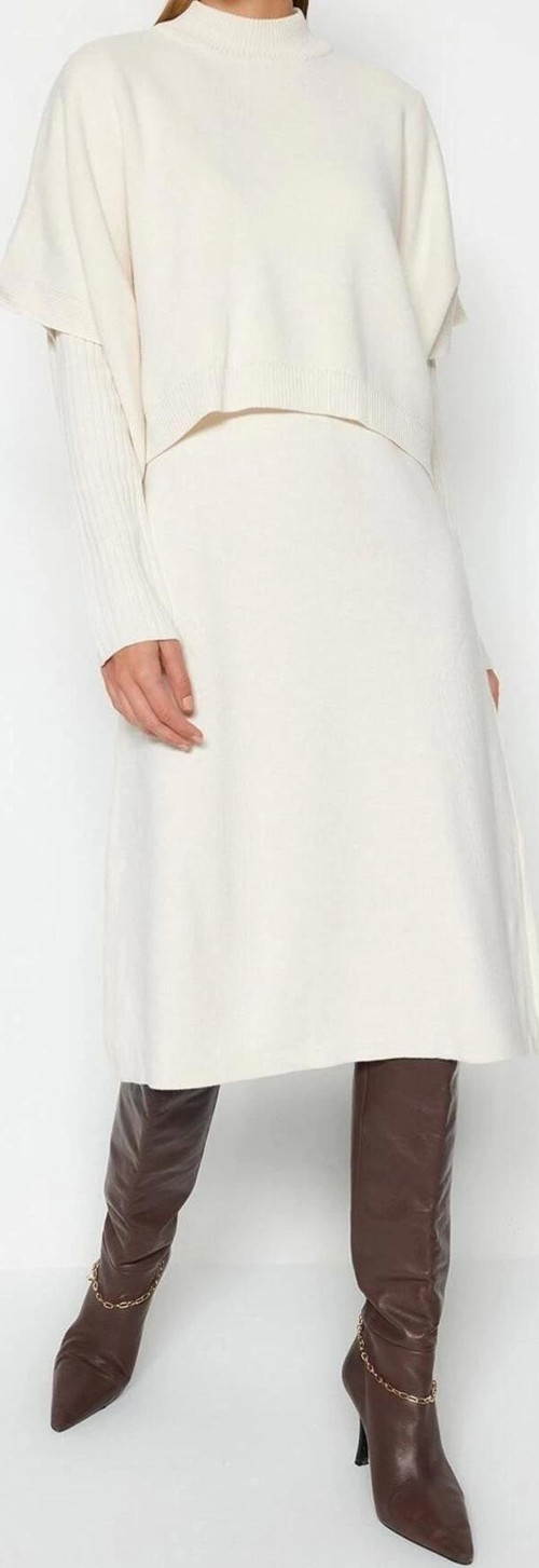 Moda Oversize Casual Günlük Bürümcük Triko Dik Yaka Uzun Kol Shift Midi Boy Elbise