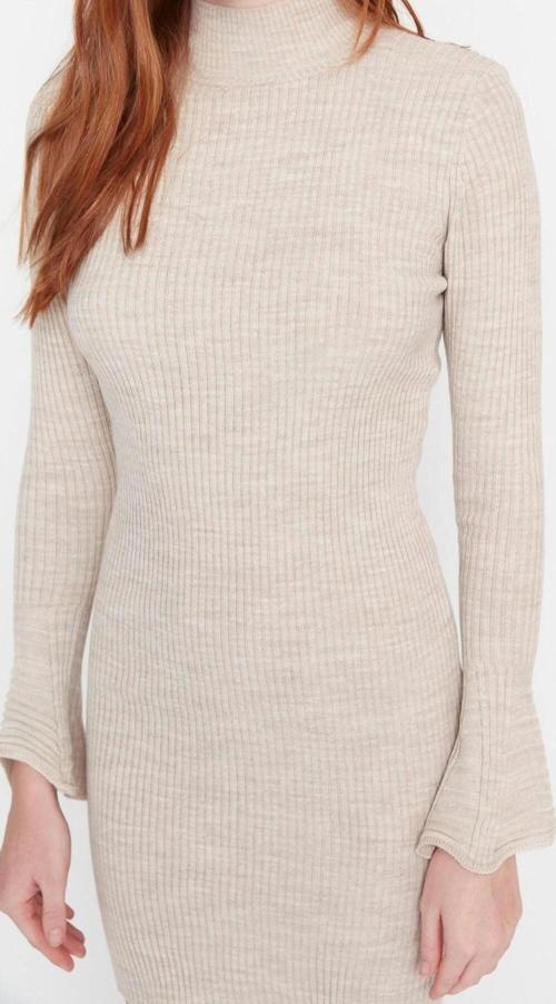 Moda Slim Casual Günlük Fitilli Triko Dik Yaka Uzun Kol Bodycone Mini Boy Elbise