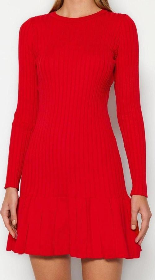 Moda Slim Gündüz Gece Dolu İğne Triko Bisiklet Yaka Uzun Kol A-Line Mini Boy Elbise