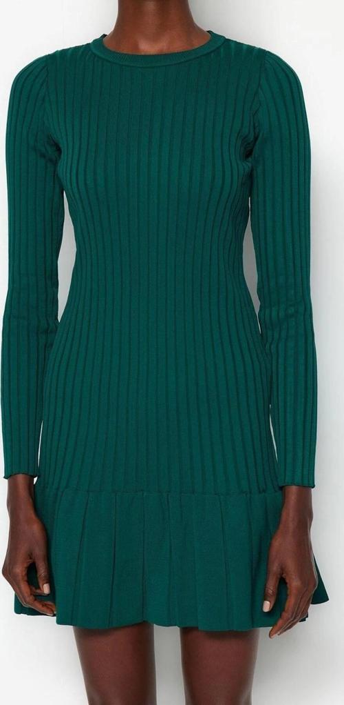 Moda Slim Gündüz Gece Dolu İğne Triko Bisiklet Yaka Uzun Kol A-Line Mini Boy Elbise